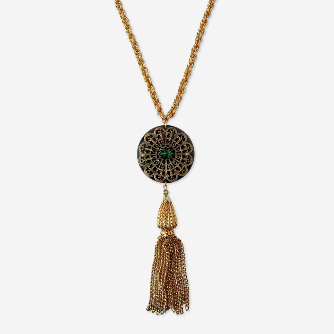 Refashioned vintage black bakelite and filigree tassel necklace
