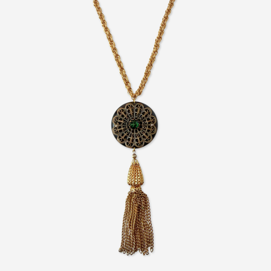 Refashioned vintage black bakelite and filigree tassel necklace