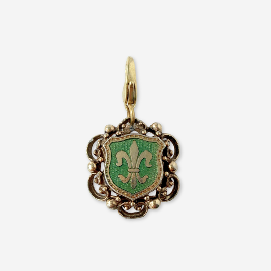 Vintage gold and green enamel fleur de lis crest charm