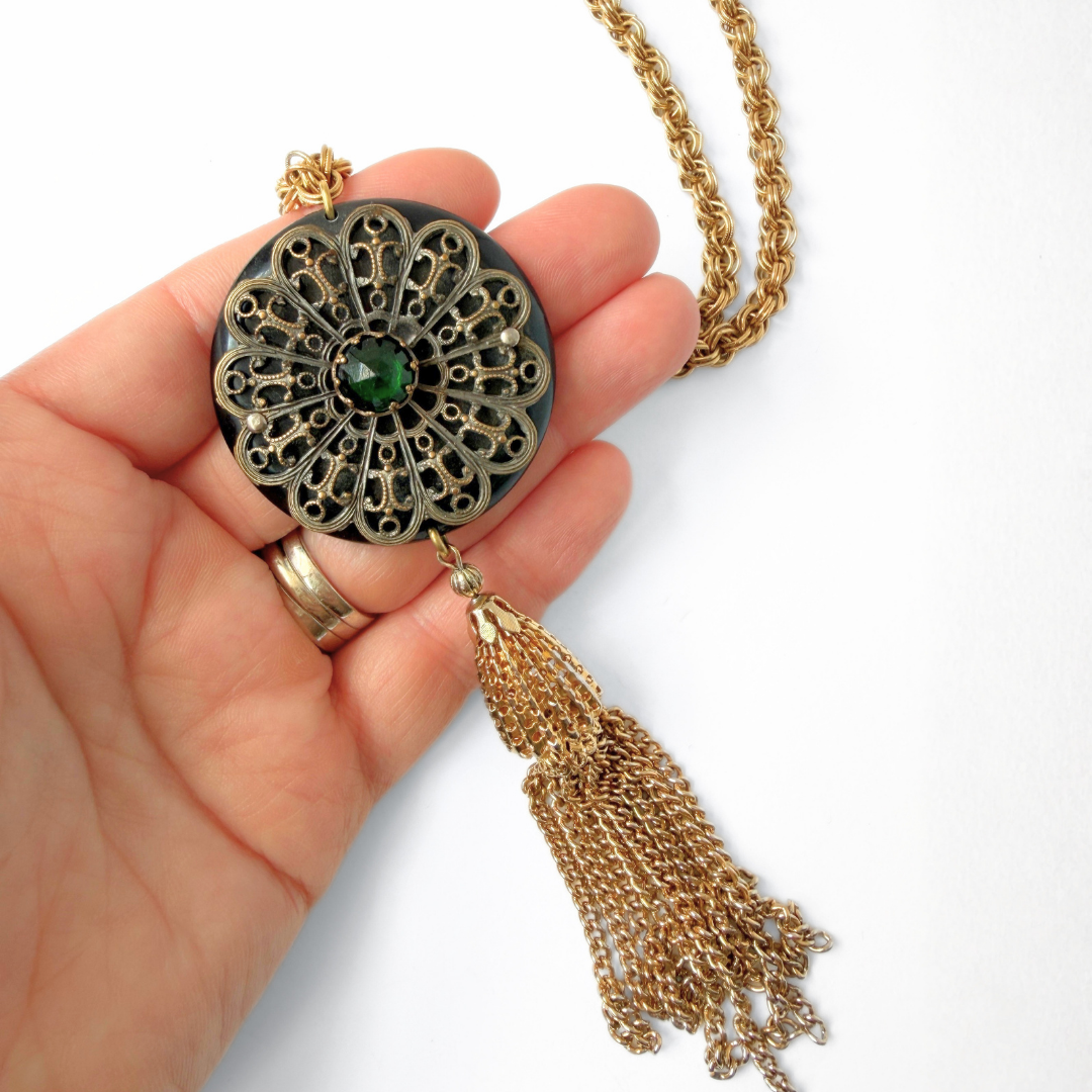 Refashioned vintage black bakelite and filigree tassel necklace