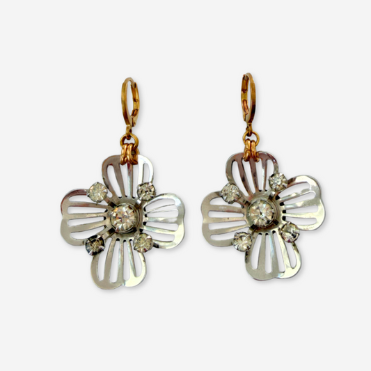 Vintage large silver rhinestone flower earrings