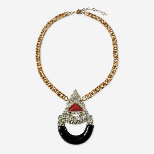 Repurposed vintage black and red rhinestone deco assemblage necklace