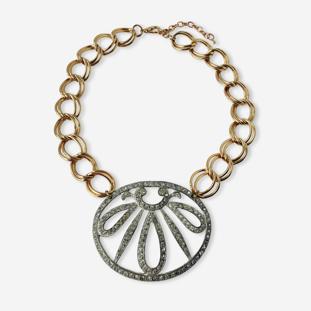 Refashioned Vintage XL clear rhinestone oval pendant on gold chain