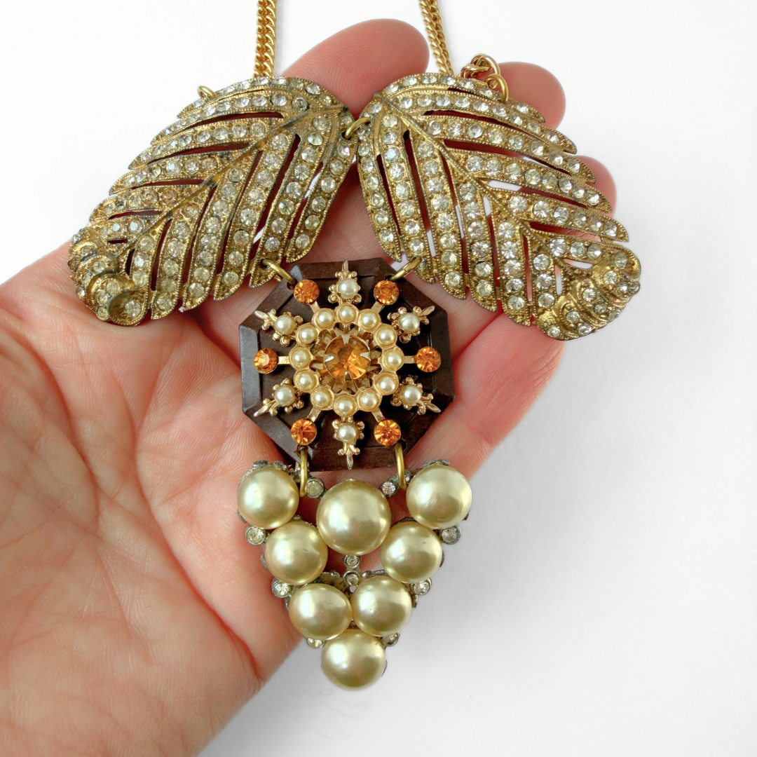 Repurposed Vintage topaz, brown, gold, and pearl assemblage statement necklace