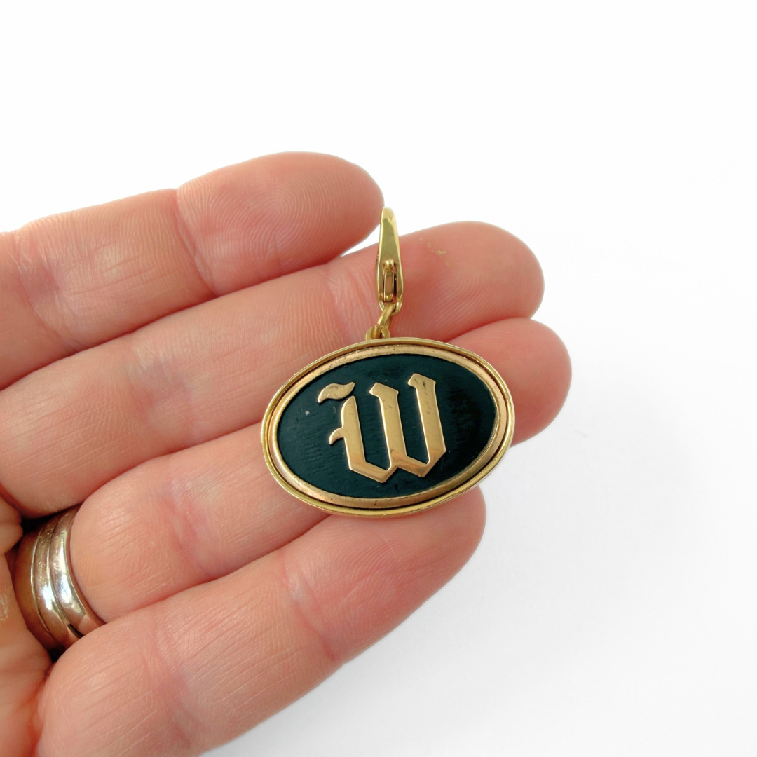 Refashioned vintage black and gold letter "W" oval charm