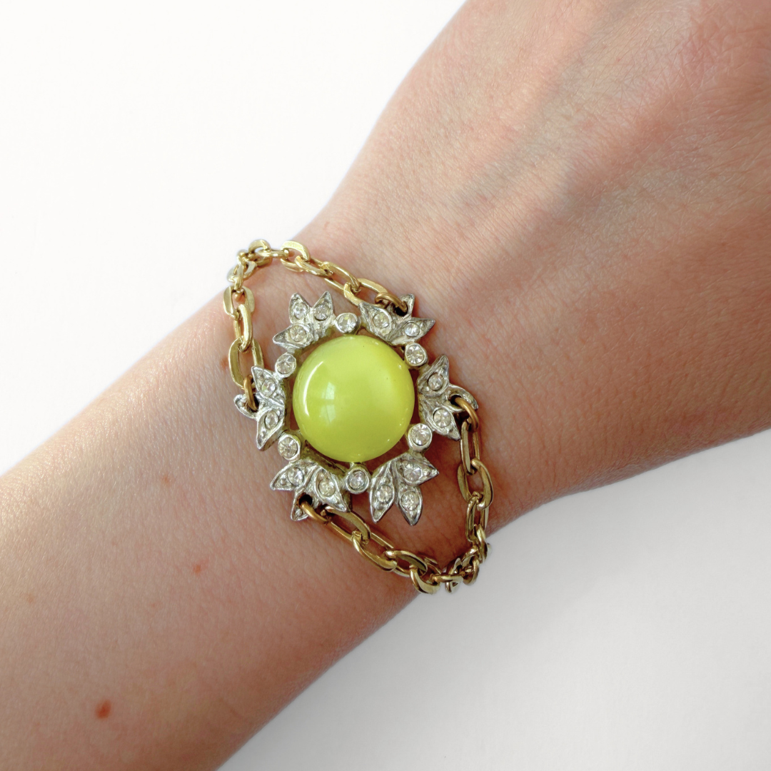 Refashioned Vintage yellow and clear rhinestone statement bracelet