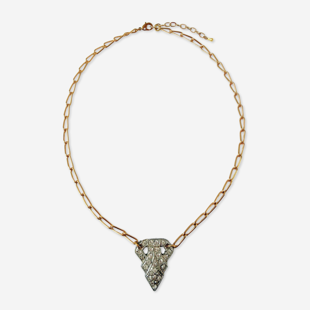 Vintage clear rhinestone deco pendant on gold plated chain