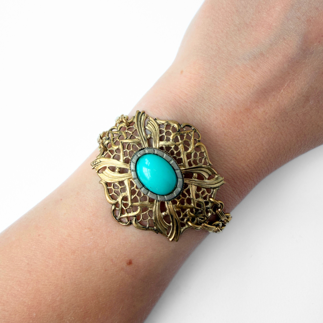 Repurposed Vintage brass filigree bracelet with turquoise center