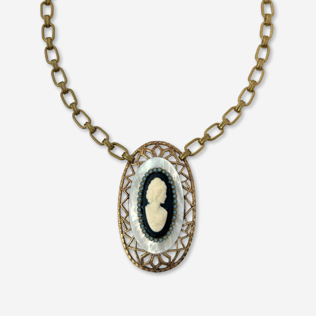 Mother of pearl refashioned vintage layered oval cameo pendant necklace
