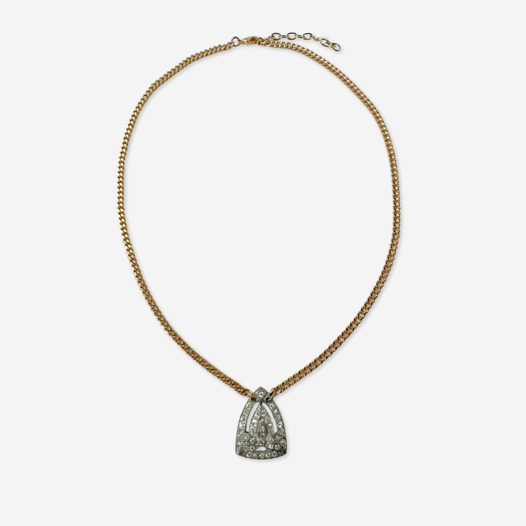 Small clear vintage rhinestone deco pendant on thin gold plated chain