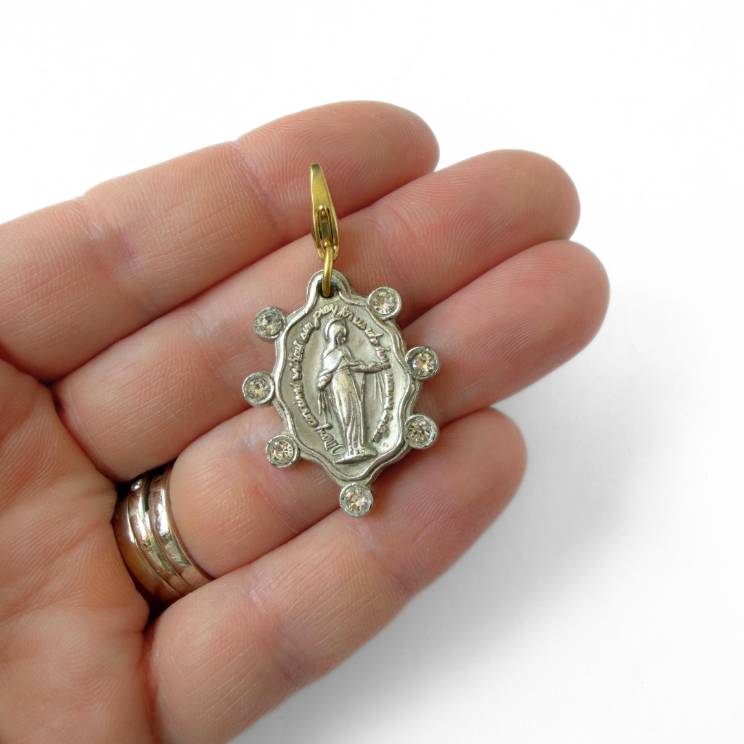 Vintage silver and rhinestone Miraculous Medal charm
