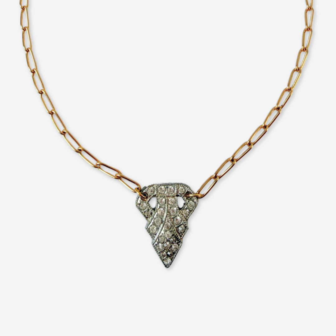 Vintage clear rhinestone deco pendant on gold plated chain