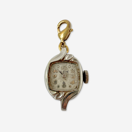 Vintage silver tone  "Elgin" watch face charm