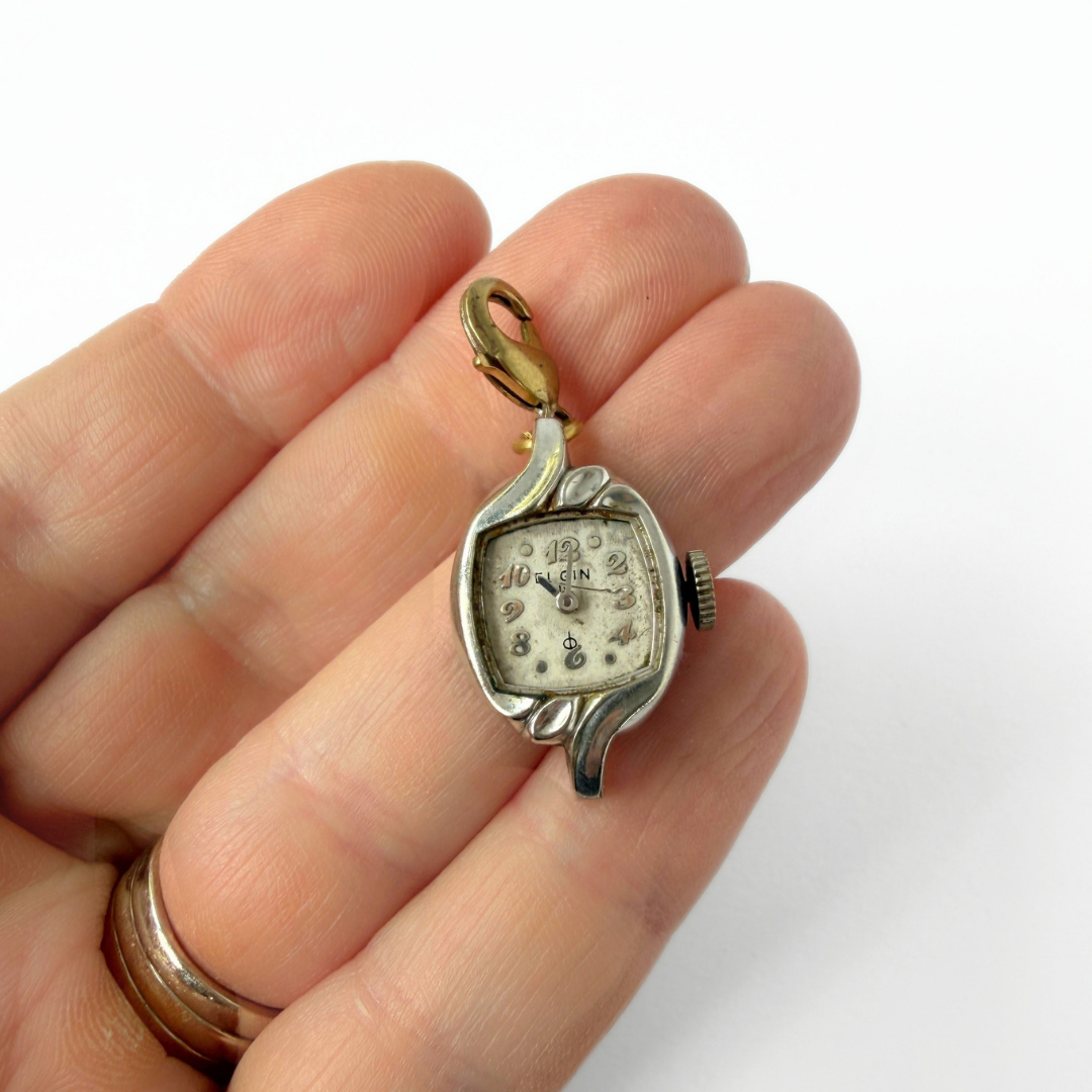 Vintage silver tone  "Elgin" watch face charm