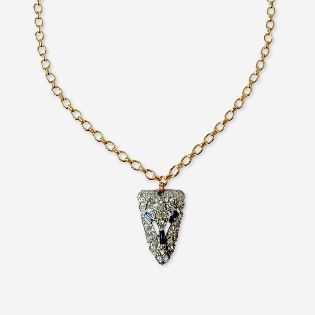 Vintage clear and sapphire rhinestone deco pendant on gold plated chain