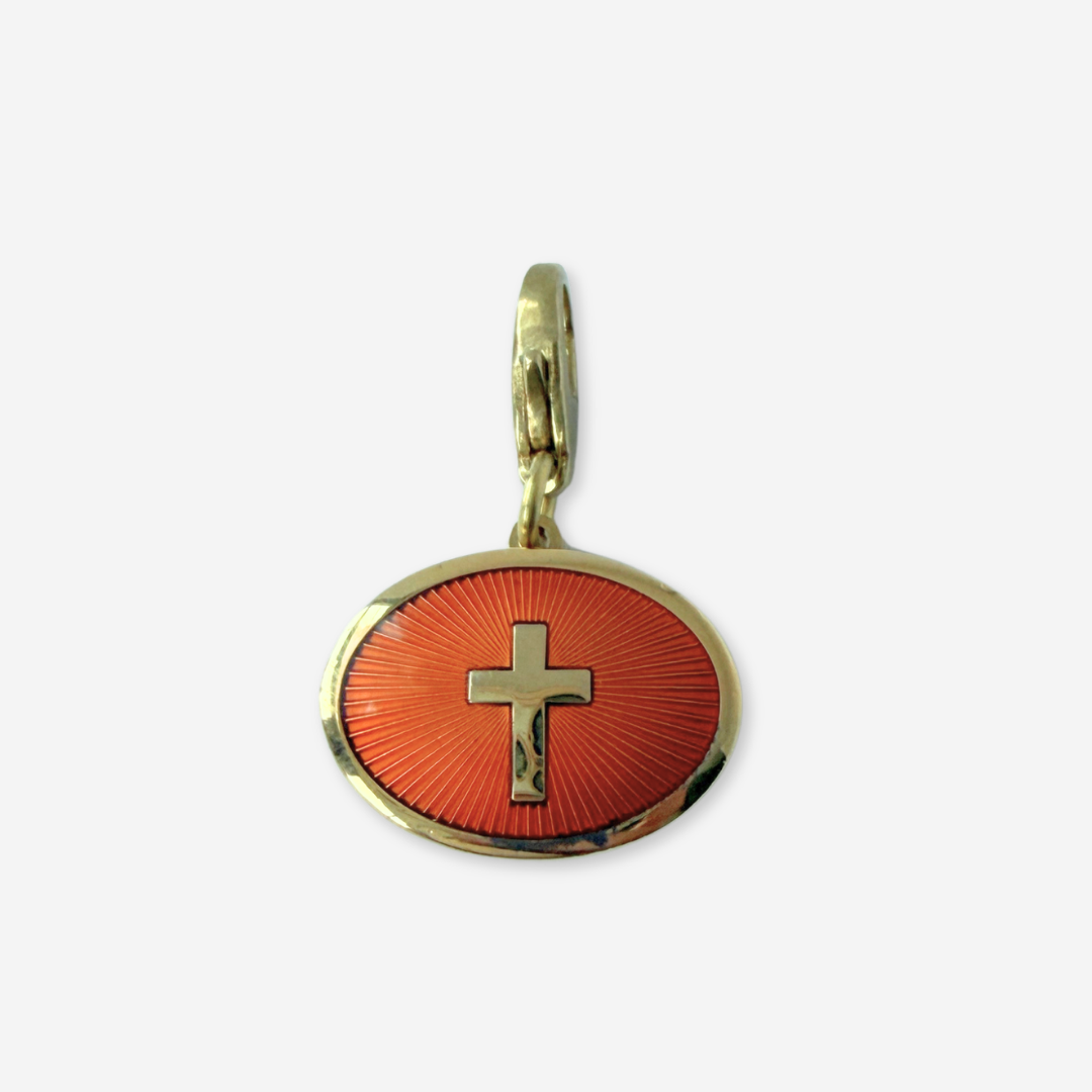 Refashioned Vintage orange and gold oval cross charm