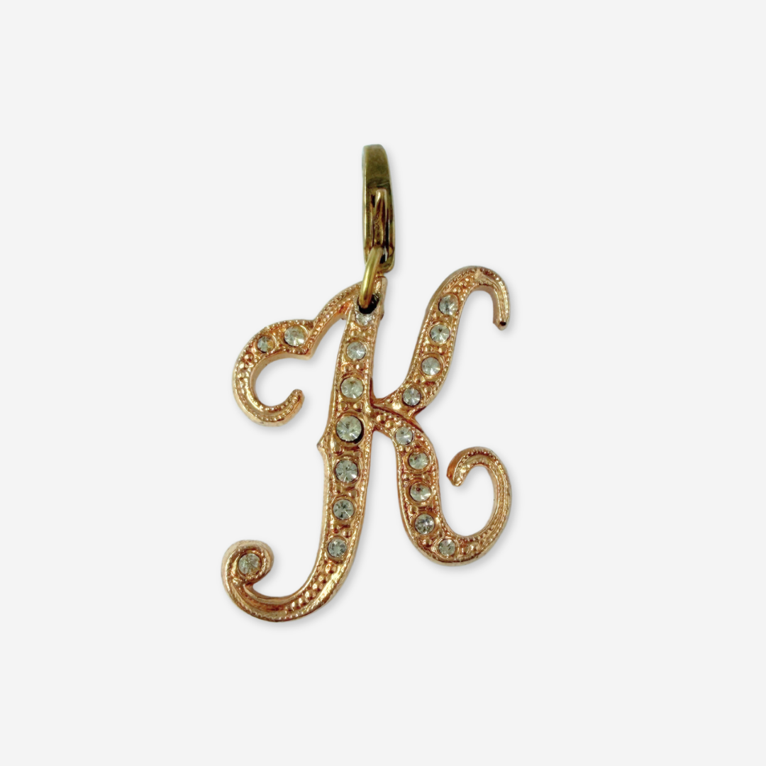 Refashioned vintage gold tone rhinestone letter "K" monogram charm