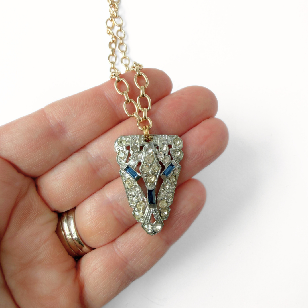 Vintage clear and sapphire rhinestone deco pendant on gold plated chain