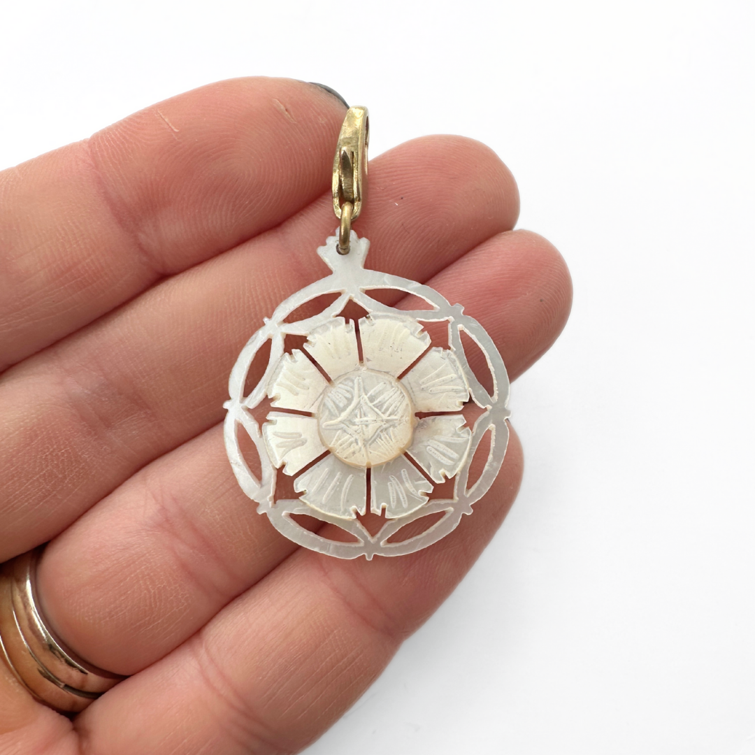 Vintage carved mother of pearl flower charm