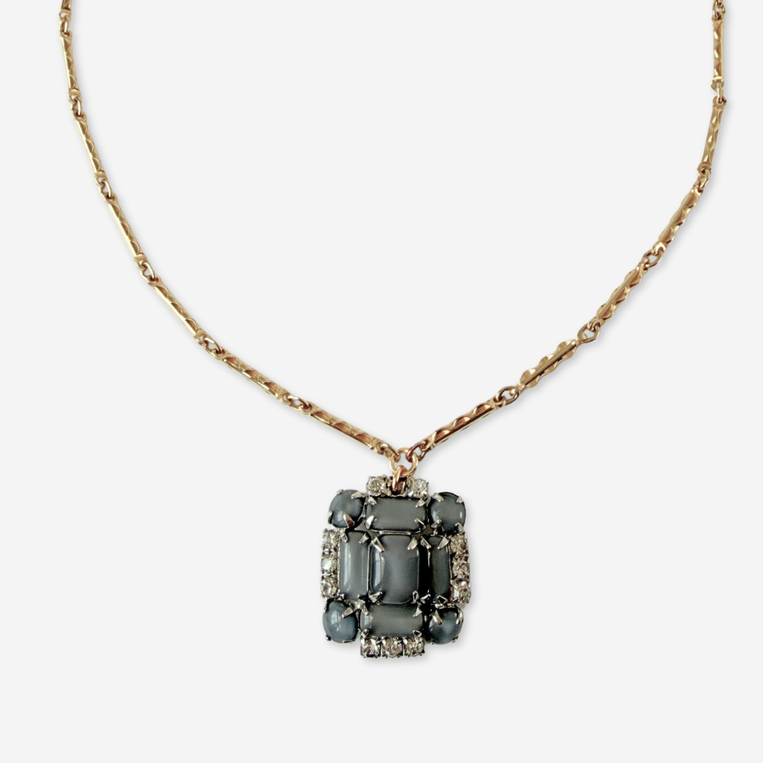 Vintage gray rhinestone square pendant necklacec