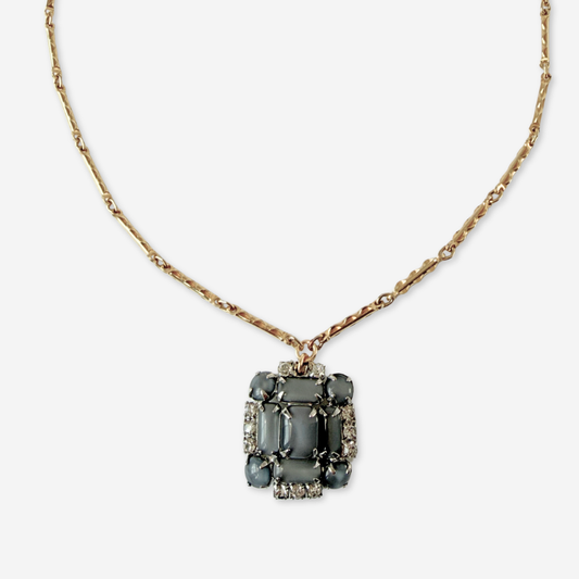 Vintage gray rhinestone square pendant necklacec