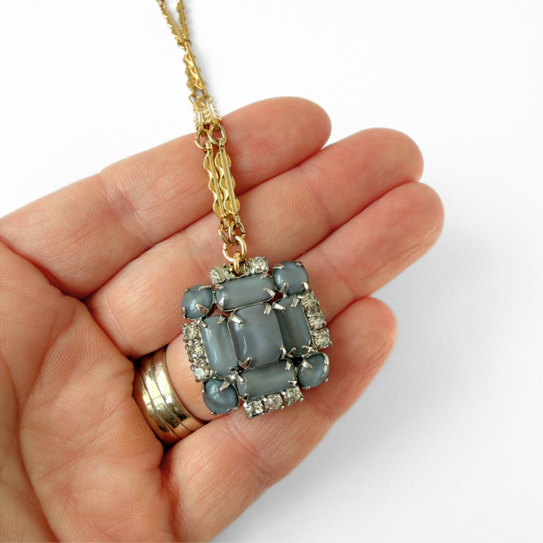Vintage gray rhinestone square pendant necklacec