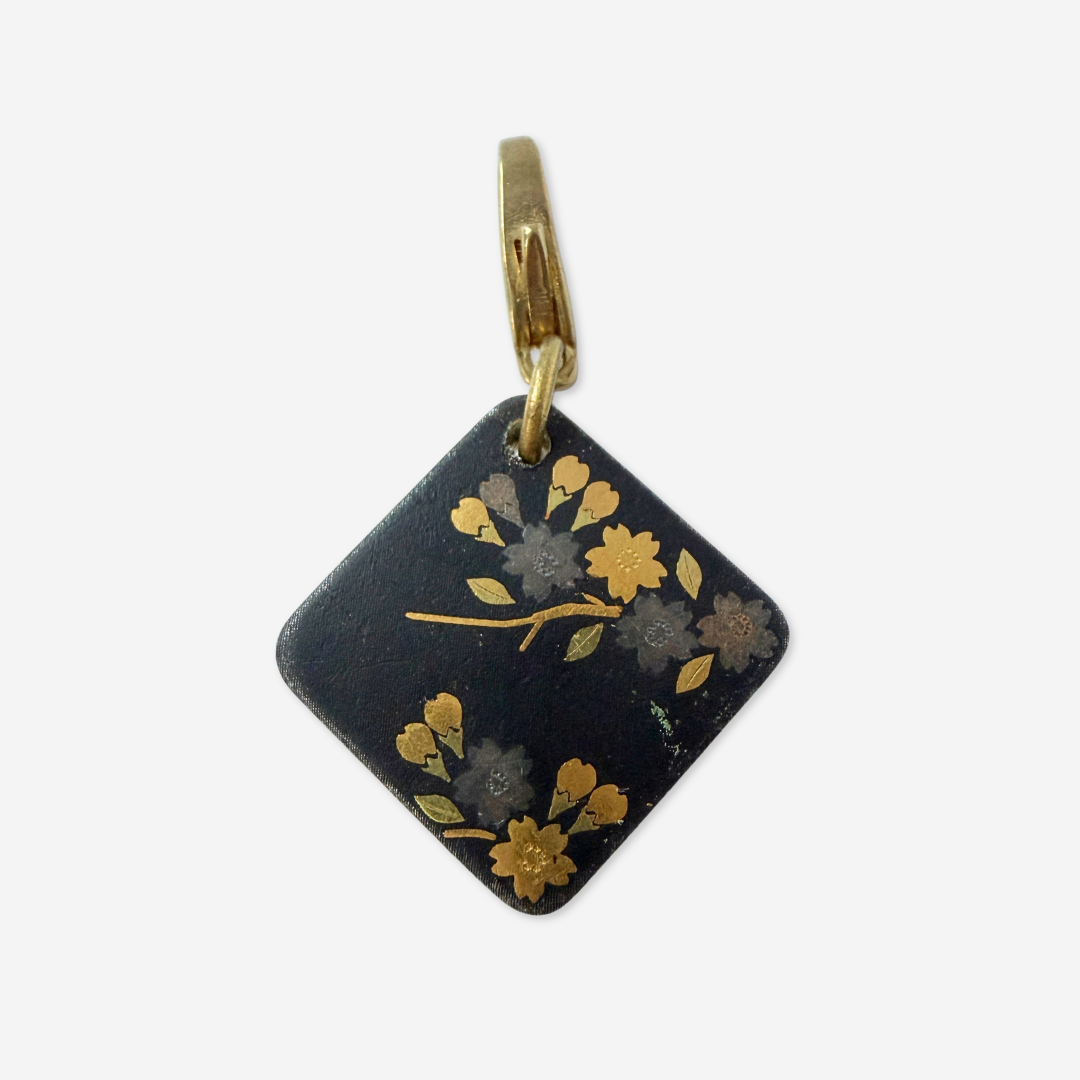 Refashioned Vintage square gold and black floral Damascene charm