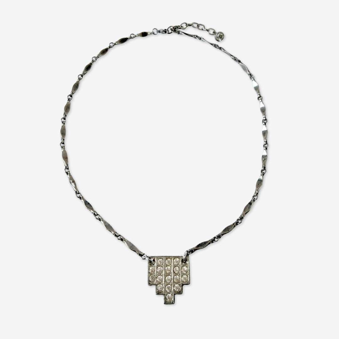Vintage clear rhinestone deco pendant on aged silver bar chain