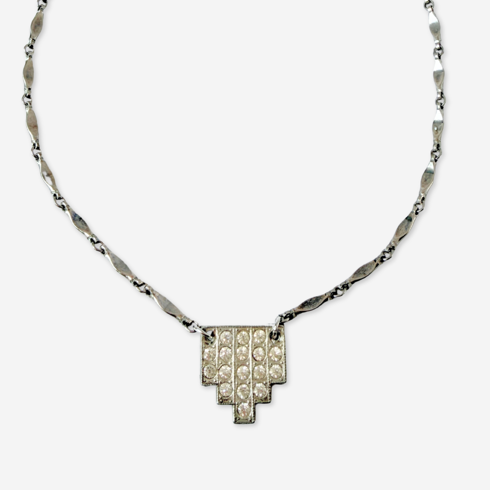 Vintage clear rhinestone deco pendant on aged silver bar chain