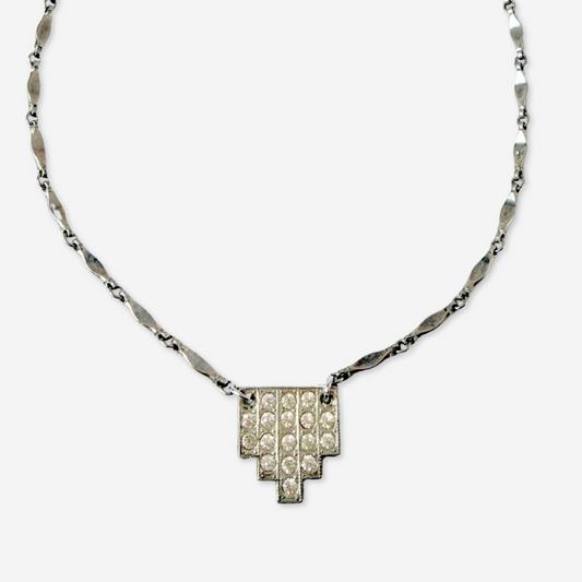 Vintage clear rhinestone deco pendant on aged silver bar chain