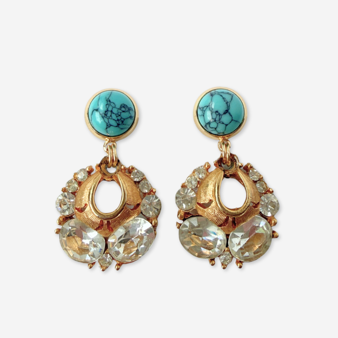 Refashioned vintage gold and rhinestone earrings with turquoise post