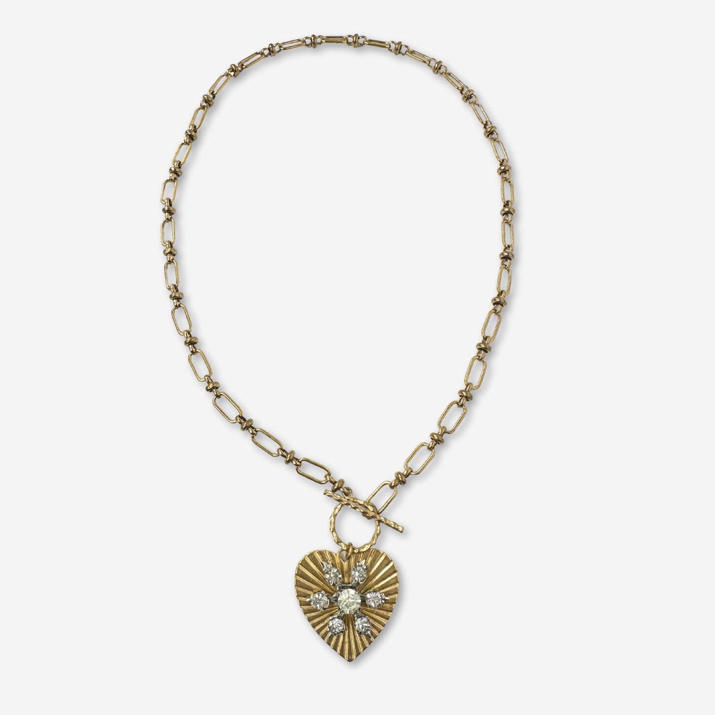 Large solid brass heart pendant with vintage clear rhinestone embellishment on brass toggle chain