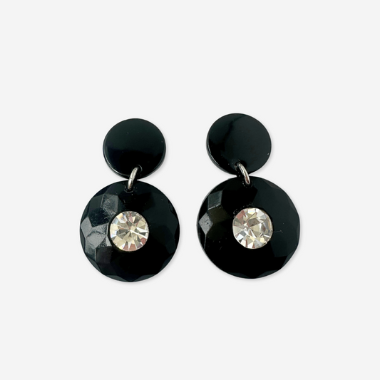 Refashioned vintage black button earrings with rhinestone center
