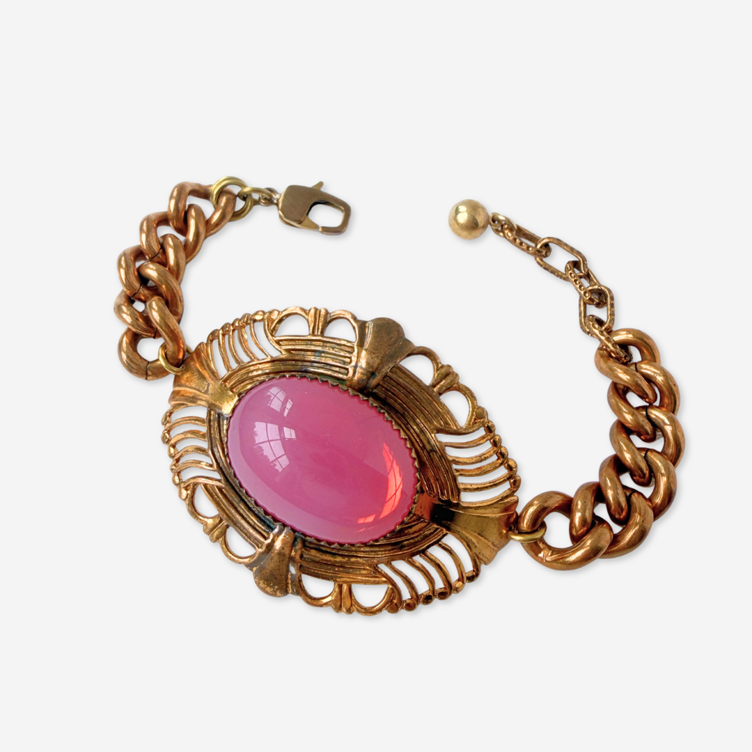Repurposed Vintage pink oval cabochon and brass statement bracelet