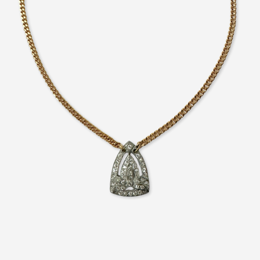 Small clear vintage rhinestone deco pendant on thin gold plated chain