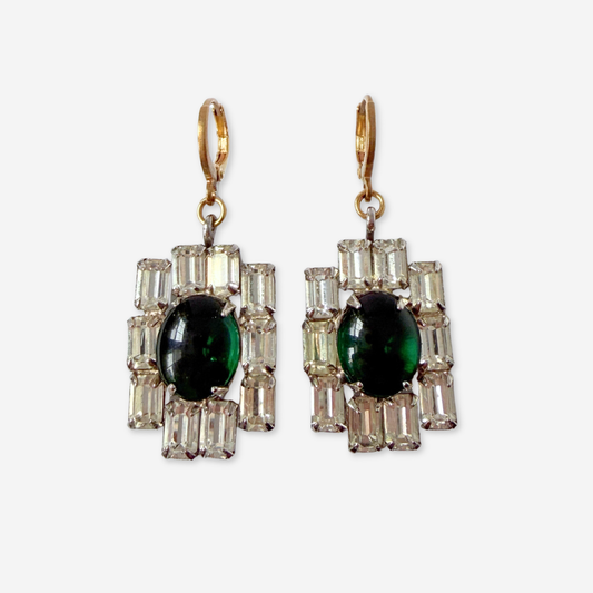 Refashioned vintage large clear and green rhinestone earrings