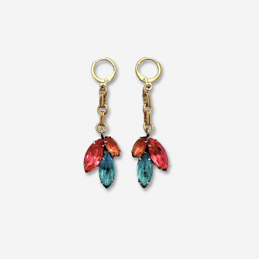 Refashioned vintage pink, orange and aqua marquise rhinestone drop earrings