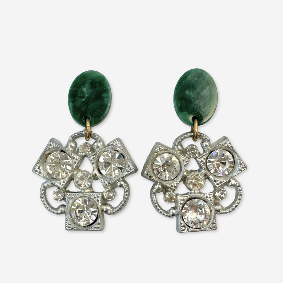 Large clear rhinestone vintage button earrings with green acetate posts