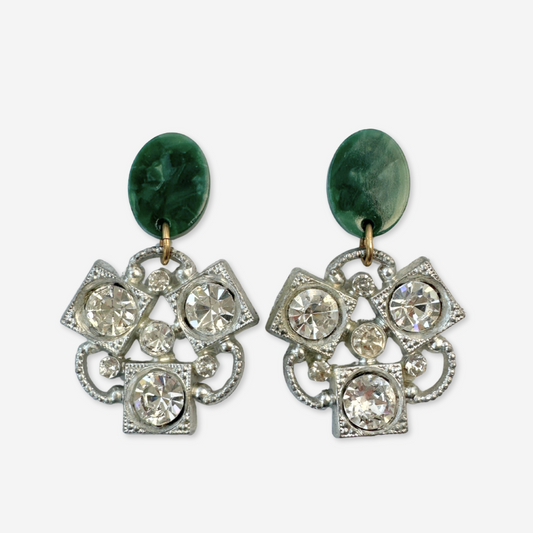 Large clear rhinestone vintage button earrings with green acetate posts