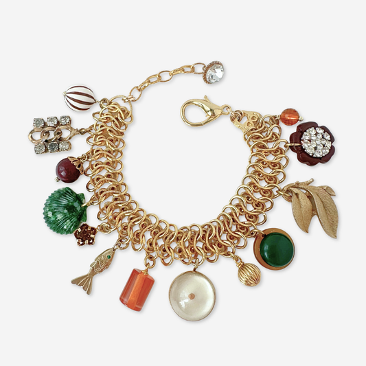 Repurposed vintage wide-link autumn mixed charm bracelet