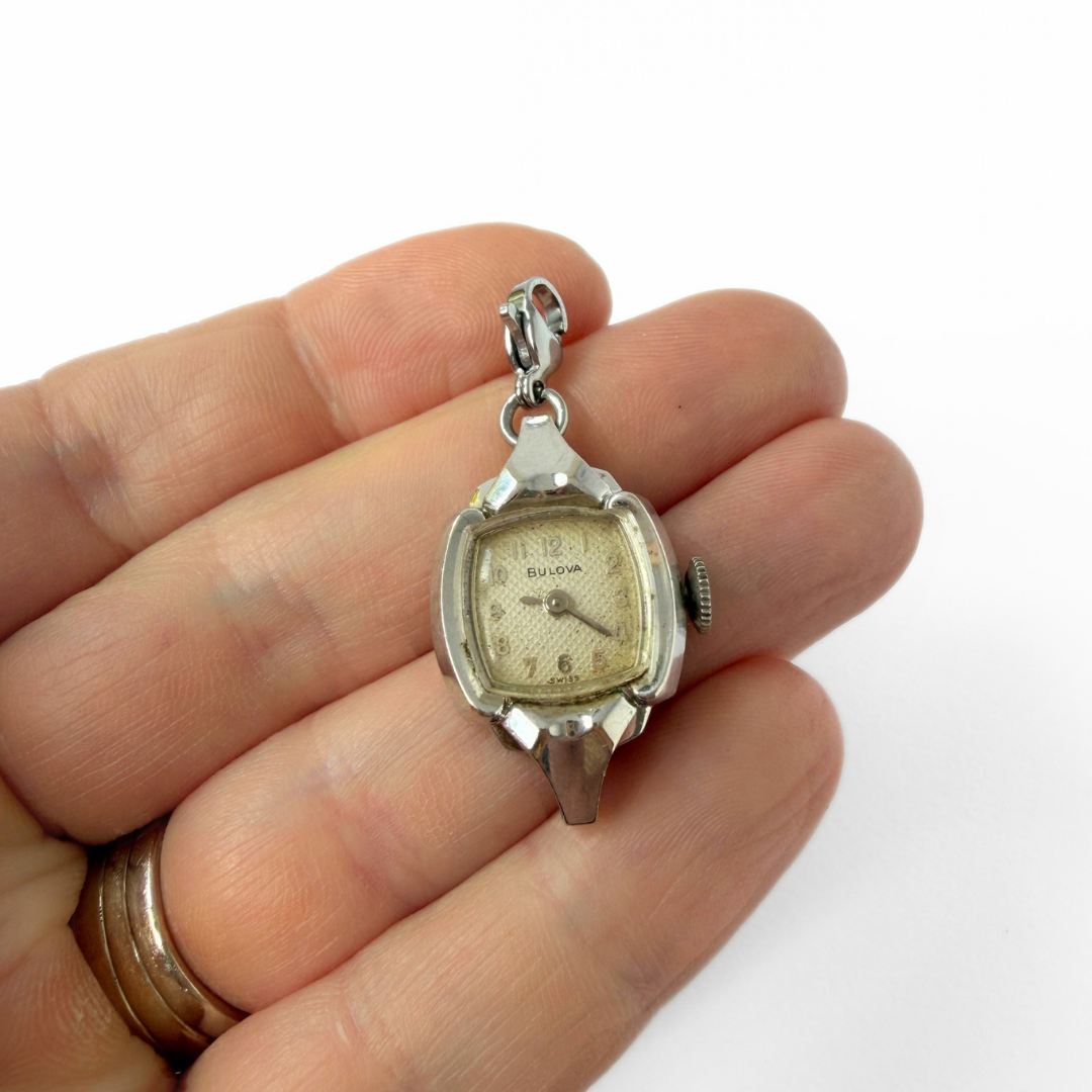 Vintage silver tone  "Bulova" watch face charm