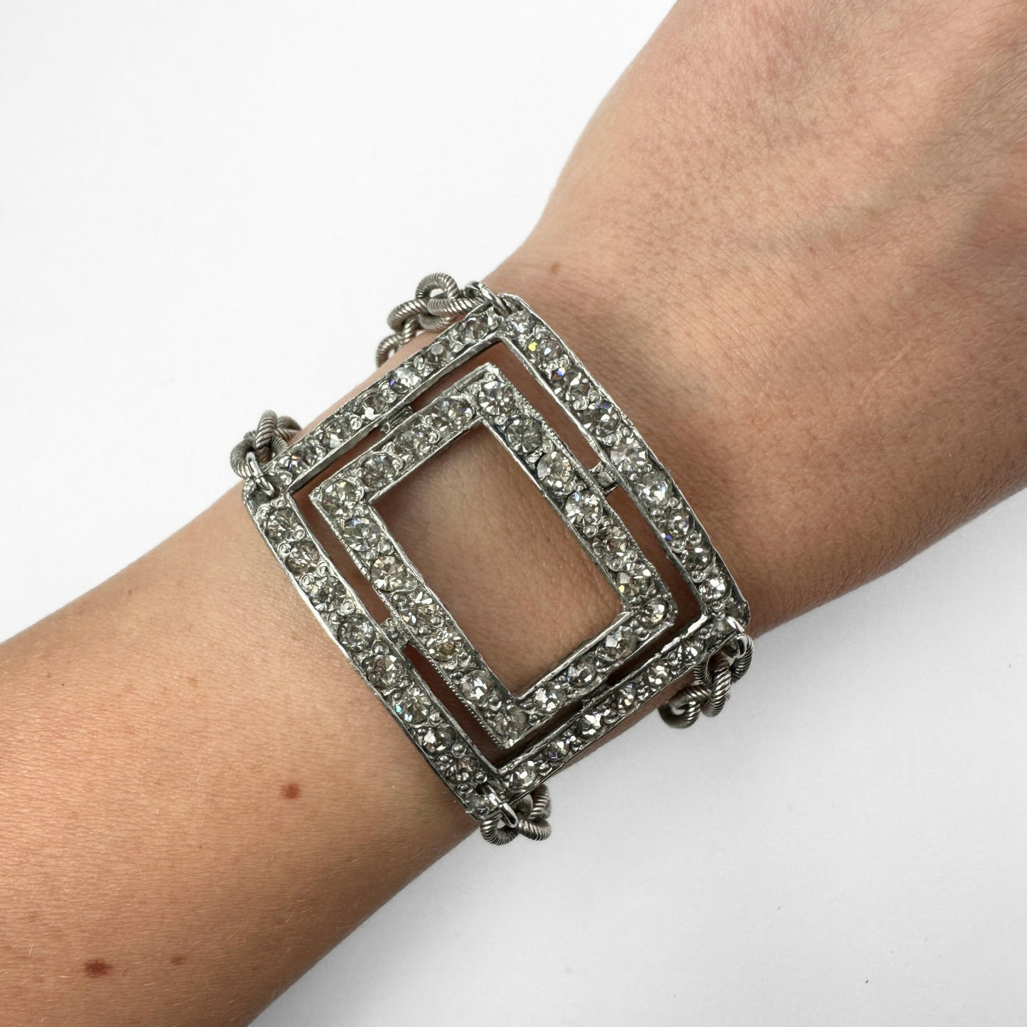 Refashioned Antique Rhinestone shoe Buckle bracelet with textured silver cable chain