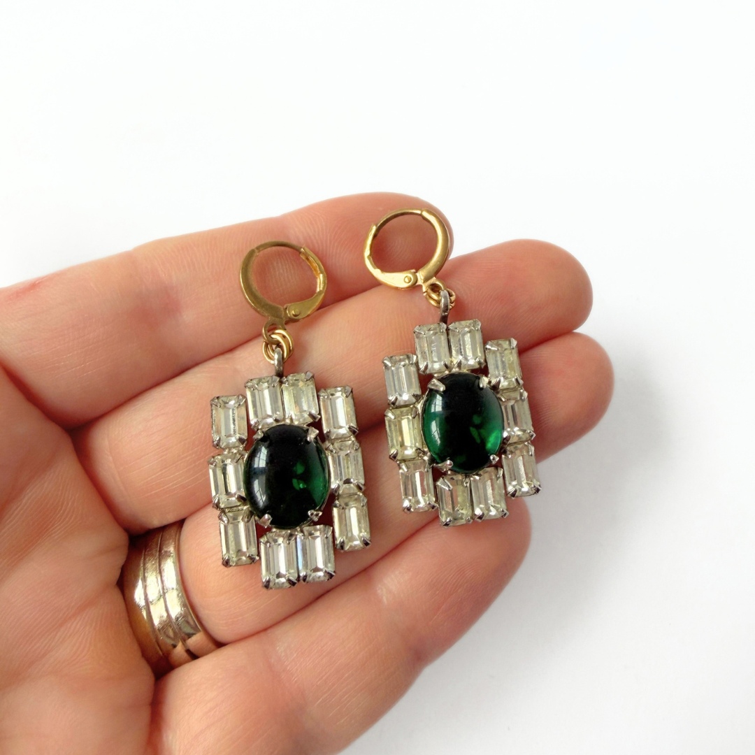 Refashioned vintage large clear and green rhinestone earrings
