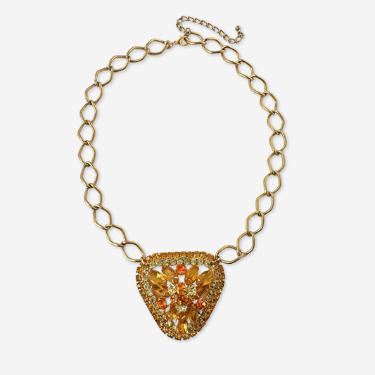 Refashioned Vintage large triangular topaz rhinestone pendant necklace