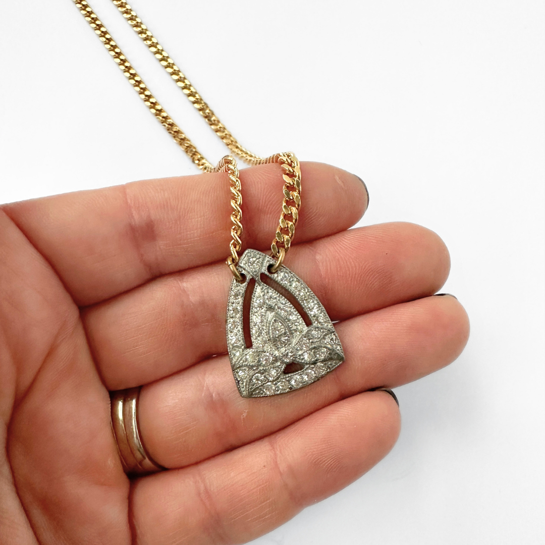 Small clear vintage rhinestone deco pendant on thin gold plated chain