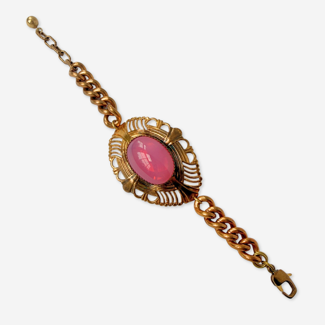 Repurposed Vintage pink oval cabochon and brass statement bracelet