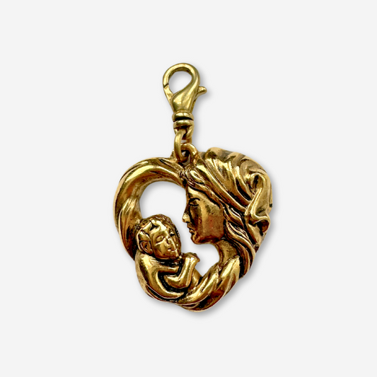 Vintage gold plated mother and child heart charm with brass swivel clasp