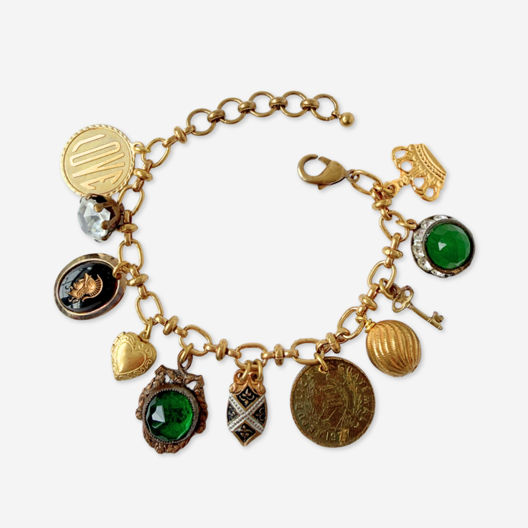 Repurposed vintage mixed charm bracelet: green and black