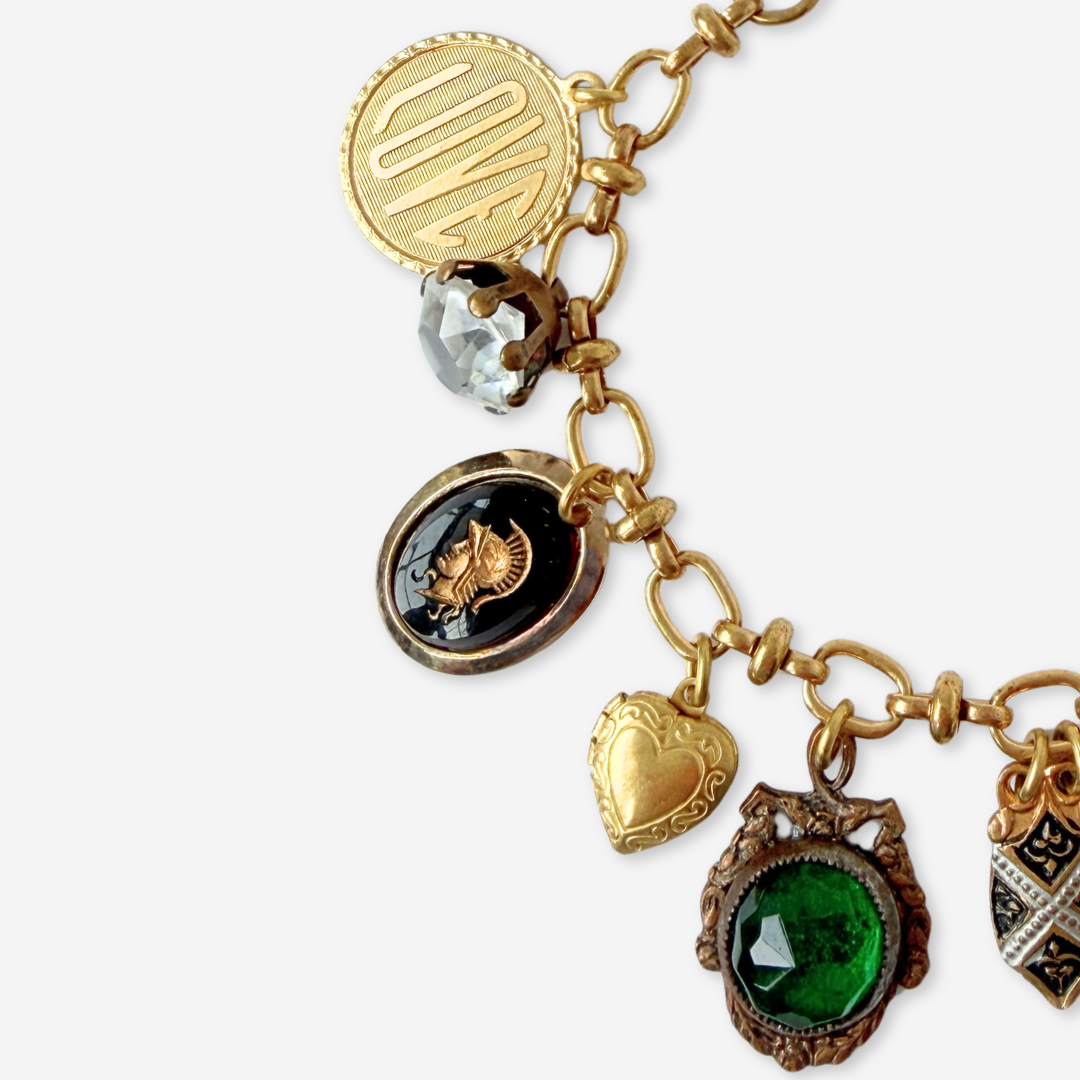 Repurposed vintage mixed charm bracelet: green and black