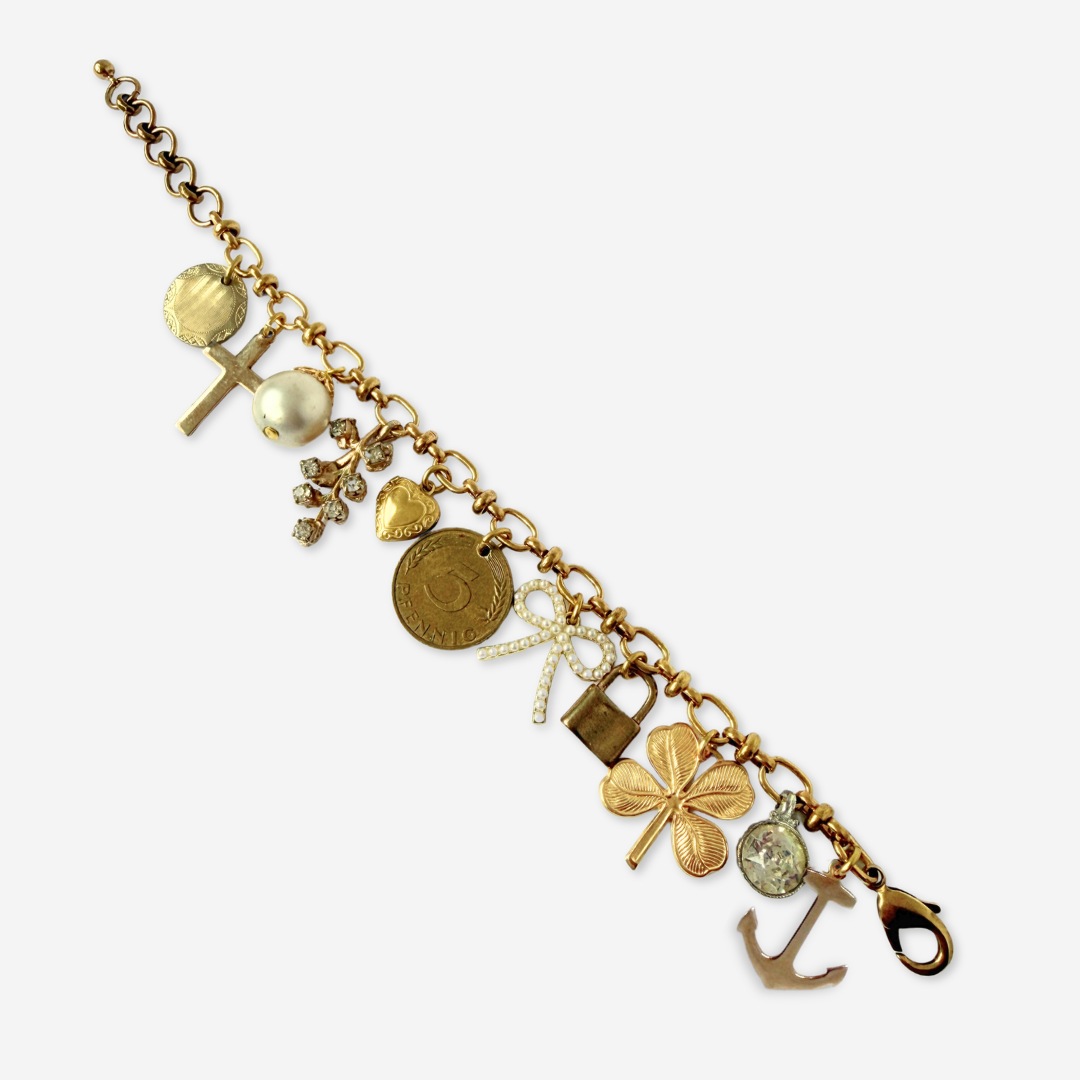 Repurposed vintage mixed neutral charm bracelet